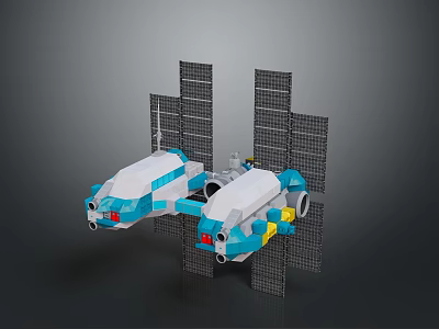 Lego Style Space Station Model With Solar Panels White Blue Modules And Yellow Details 3d model