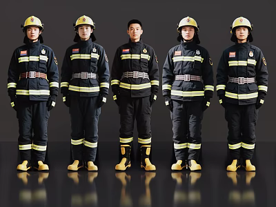 Men Standing in Black Firefighting Uniforms With Yellow Helmets Against Dark Background 3d model