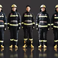 Men Standing in Black Firefighting Uniforms With Yellow Helmets Against Dark Background