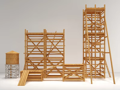 Industrial Construction Equipment With Wooden Scaffolding Water Tower And Platform Structures 3d model