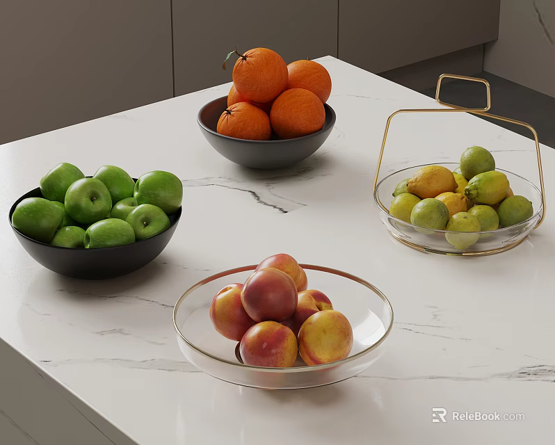 Fresh Green Apples Oranges Plums and Citrus in Black Bowls Glass Dishes and Gold Handle Baskets on White Marble Kitchen Countertop 3d model 