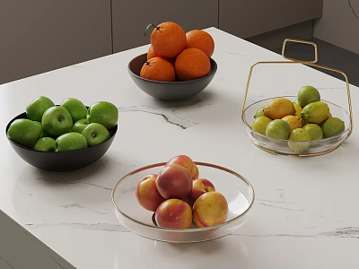 Fresh Green Apples Oranges Plums and Citrus in Black Bowls Glass Dishes and Gold Handle Baskets on White Marble Kitchen Countertop 3d model