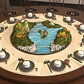 Round Dining Table Set With Turntable Center Landscape Decoration Surrounded By Tableware And Tea Cups 3d model