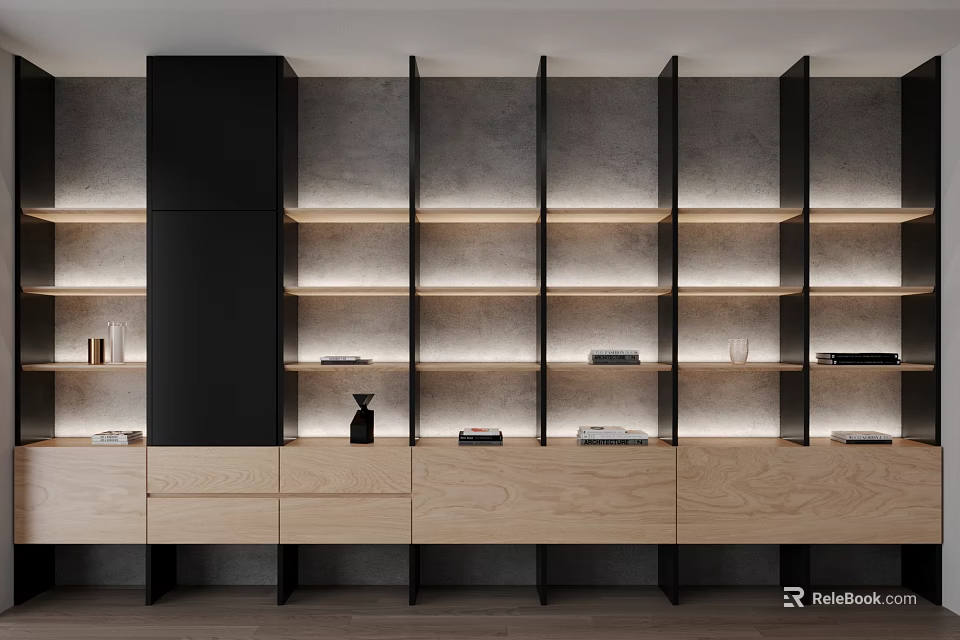 Modern Wooden Bookcase With Open Shelves Black Frame And Storage Drawers 3d model 