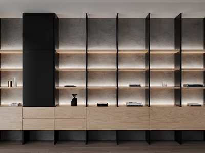 Modern Wooden Bookcase With Open Shelves Black Frame And Storage Drawers 3d model