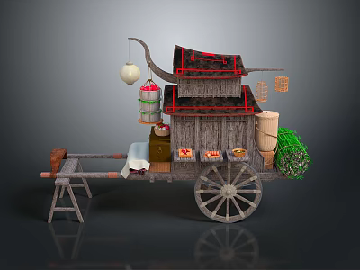 Traditional Chinese Wooden Handcart With Electronic LED Lantern And Small Electrical Appliances 3d model