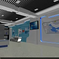 Modern Exhibition Hall Interior With Blue Lighting Multiple Display Screens And Glass Doors