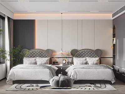 Modern Kids Room Featuring Two Beds Mickey Ear Headboards White Bedding Nightstand Lamp And Rug 3d model