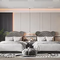 Modern Kids Room Featuring Two Beds Mickey Ear Headboards White Bedding Nightstand Lamp And Rug