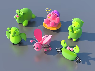 Colorful Cartoon Small Toys Collection Featuring Green Pig Pink Ant Frog Elephant And Crab 3d model