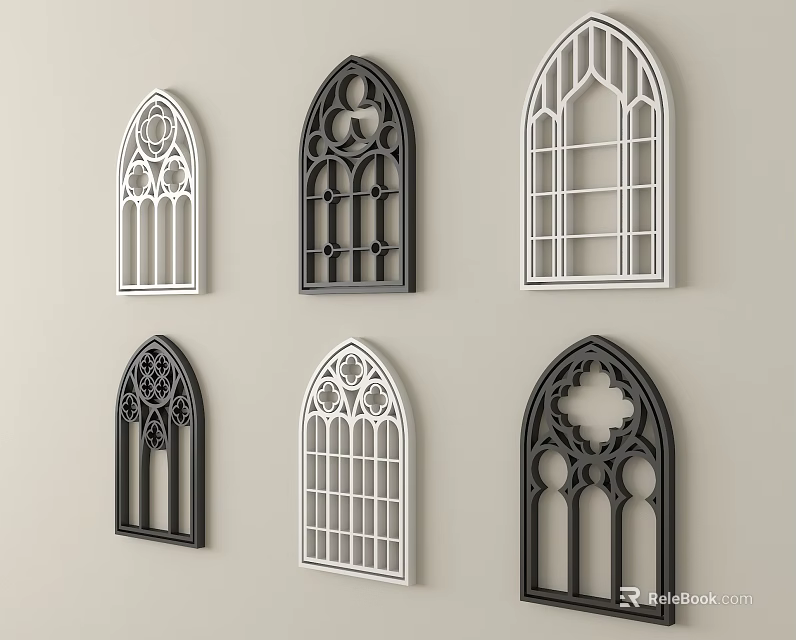 Decorative Ornate Carved Windows with Various Intricate Patterns in Black and White 3d model 