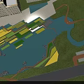 Landscape Sculpture Design With Wooden Boardwalk Water Area And Green Grassland