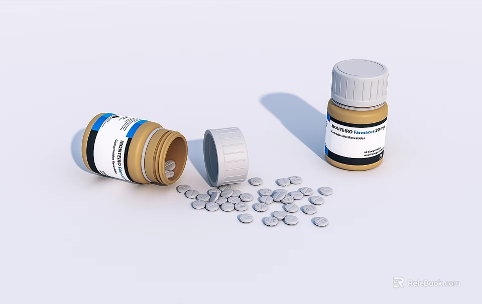 Medical Device Open And Closed Bottles With Scattered White Tablets 3d model 