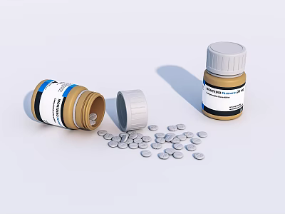 Medical Device Open And Closed Bottles With Scattered White Tablets 3d model