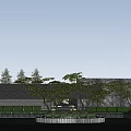 Serene Garden Landscape With Lush Trees Water Features And Modern Architecture