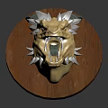 Yellow Dragon Head Sculpture With Circular Wooden Base Open Mouth Sharp Teeth