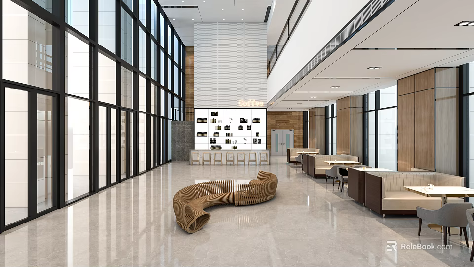 Modern Cafe Interior Design With Spacious Layout Large Windows Comfortable Seating And Bar Counter 3d model