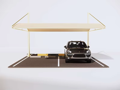 Modern Carport Shelter With Light Colored Canopy And Parked Black Car In Parking Area 3d model