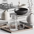 Stylish Decorative Ornament Set with Black Bowls White Vases Books Tray Glass Cups and Eyeglasses