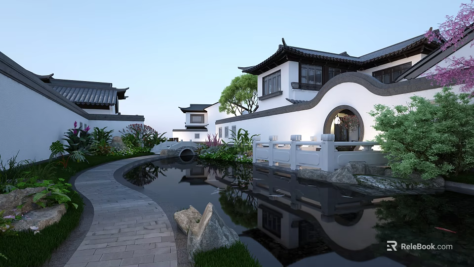 Traditional Chinese Garden Landscape With Winding Path Pond Reflection Stone Bridge And Round Archway 3d model 