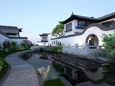 Traditional Chinese Garden Landscape With Winding Path Pond Reflection Stone Bridge And Round Archway 3d model