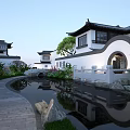 Traditional Chinese Garden Landscape With Winding Path Pond Reflection Stone Bridge And Round Archway