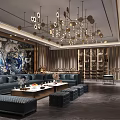 Modern KTV Interior Design With Chandeliers Sofas Bar Counter And Decorative Walls