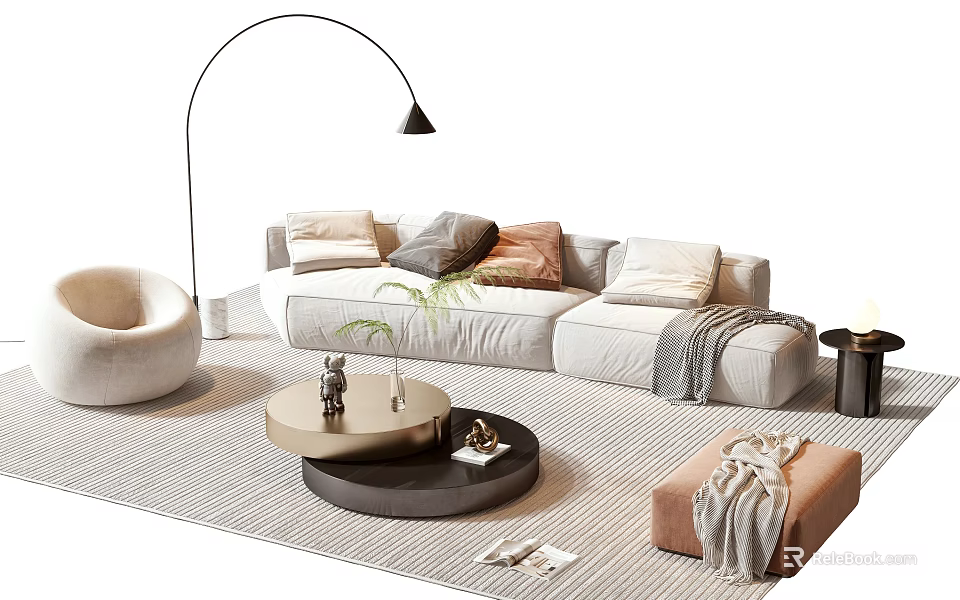 Modern Beige Sofa Coffee Table Set With Multiple Cushions Round Table And Floor Lamp 3d model 