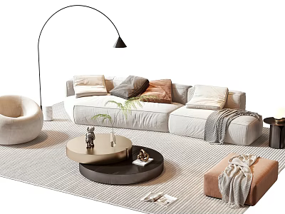Modern Beige Sofa Coffee Table Set With Multiple Cushions Round Table And Floor Lamp 3d model