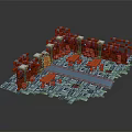 Block Built Structure With Red Tower Like Structures Blue Grid Ground And White Domes 3d model