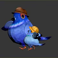Blue Parent and Baby Birds Wearing Brown and Yellow Hats Standing on White Platform