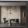 New Chinese Mahjong Table and Chair Combination Background Wall Chandelier Wall Lamp 3d model