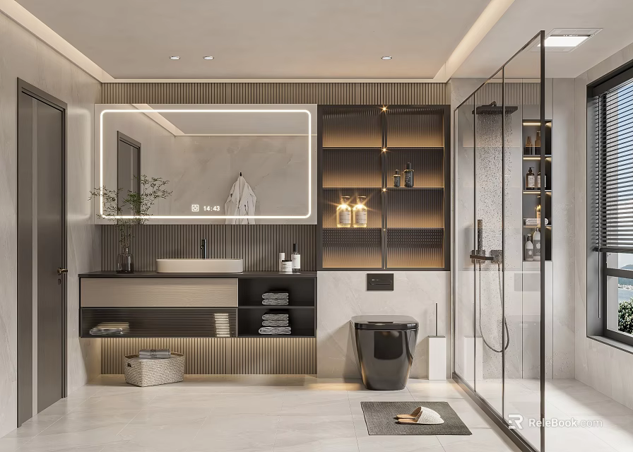 Sleek Modern Bathroom Interior Design With Large Mirror Vanity Toilet Shower And Storage Shelves 3d model 
