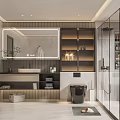 Sleek Modern Bathroom Interior Design With Large Mirror Vanity Toilet Shower And Storage Shelves