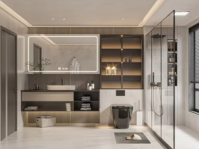 Sleek Modern Bathroom Interior Design With Large Mirror Vanity Toilet Shower And Storage Shelves 3d model
