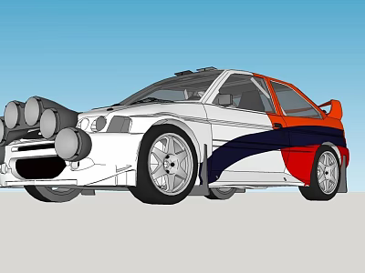 Rally Car With White Red Blue Livery Front Round Headlights Large Wheels Rear Spoiler 3d model