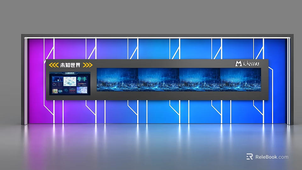 Luxury Future Vision Display Shelf With Multiple Screens And Purple Blue Lighting 3d model 