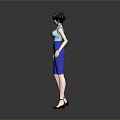 Woman In Light Blue Cheongsam Top And Blue Skirt With Black High Heels Standing