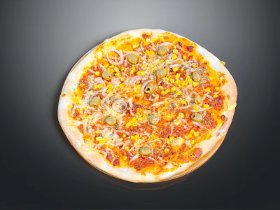 Fresh Baked Pizza Topped With Onions Corn Olives Tomato Sauce And Melted Cheese 3d model