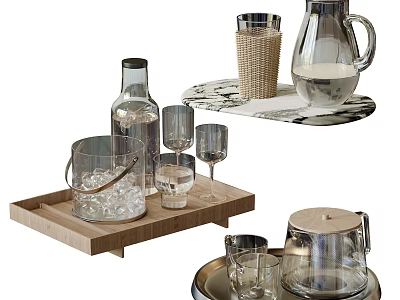 Stylish Glass Cups With Ice Bucket Wine Glasses And Pitcher On Wooden Tray 3d model