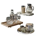 Stylish Glass Cups With Ice Bucket Wine Glasses And Pitcher On Wooden Tray