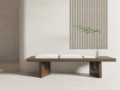 Wooden Footstool With White Cushions Green Plant And Slatted Minimalist Wall Decor 3d model