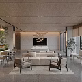 Modern Sales Office Interior Featuring Wooden Ceiling Sofa Tables Chairs Green Plants And Large Windows