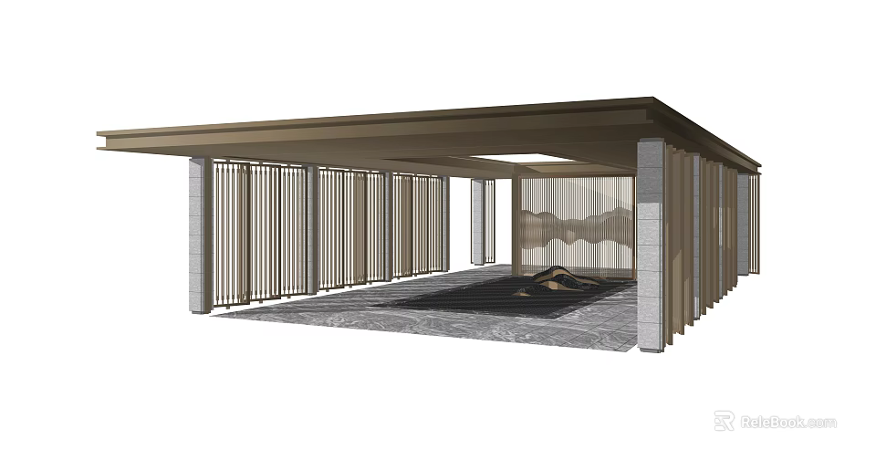 Modern Pergola With Wooden Roof Vertical Slat Design And Stone Flooring Seating Area 3d model 