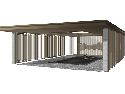Modern Pergola With Wooden Roof Vertical Slat Design And Stone Flooring Seating Area 3d model