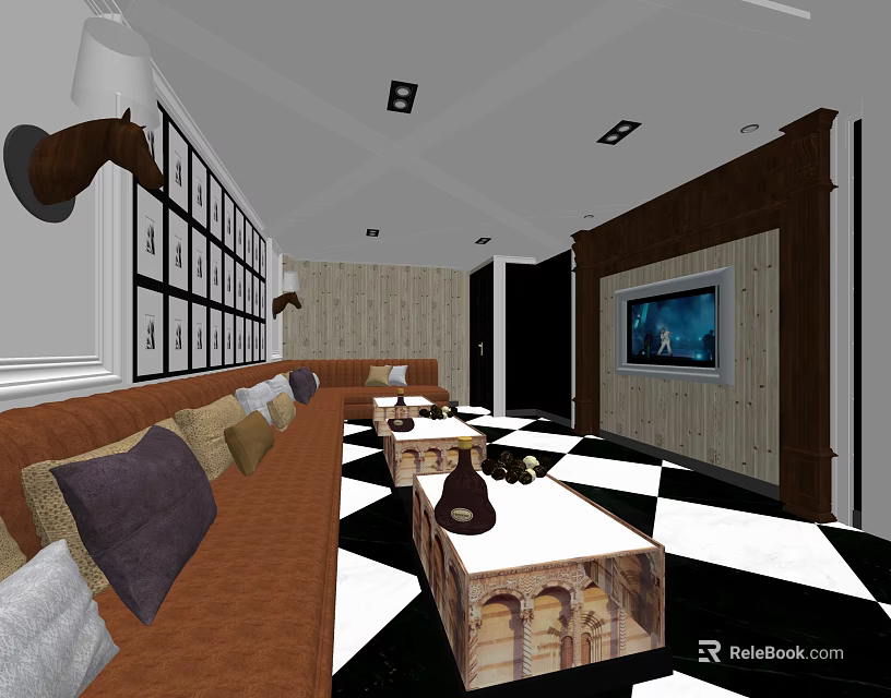 Modern KTV Interior Design With Brown Sofa Coffee Table And TV Screen 3d model 