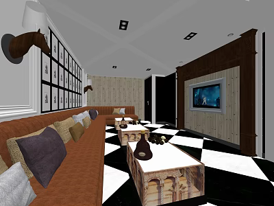 Modern KTV Interior Design With Brown Sofa Coffee Table And TV Screen 3d model