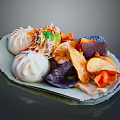 Vibrant Assorted Food Plate With Steamed Buns Purple Orange Chips And Fresh Salad
