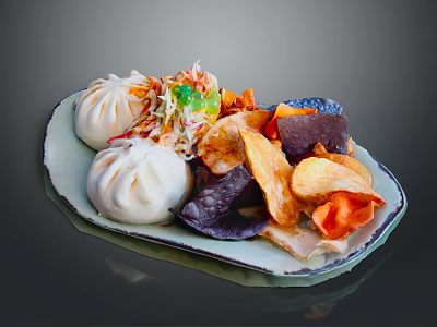 Vibrant Assorted Food Plate With Steamed Buns Purple Orange Chips And Fresh Salad 3d model