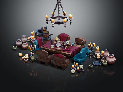 Rustic Furniture Set With Wooden Table Chairs Chandelier Vases And Candles 3d model